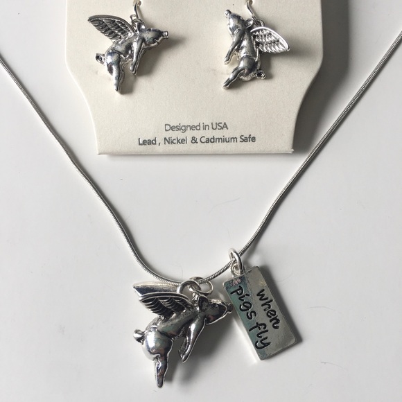 Silver When Pigs Fly Necklace and Earring Set - Picture 2 of 5
